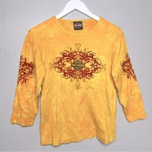 Y2K Harley-Davidson Yellow and Red Graphic Shirt 3/4 sleeve sz small
